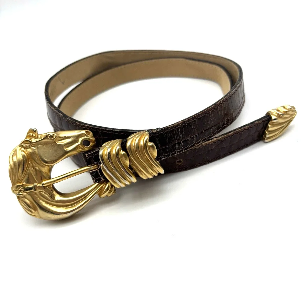 1980s Streets Ahead 32920 Brown Croc Emboss Leather Horsehead Skinny Belt L 34